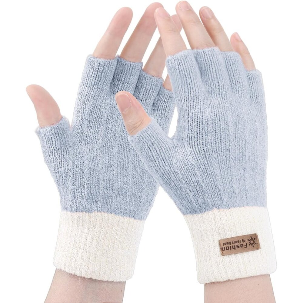 Women's Blue White Half Fingers Fingerless Cozy Lining Knitted Mittens Gloves
